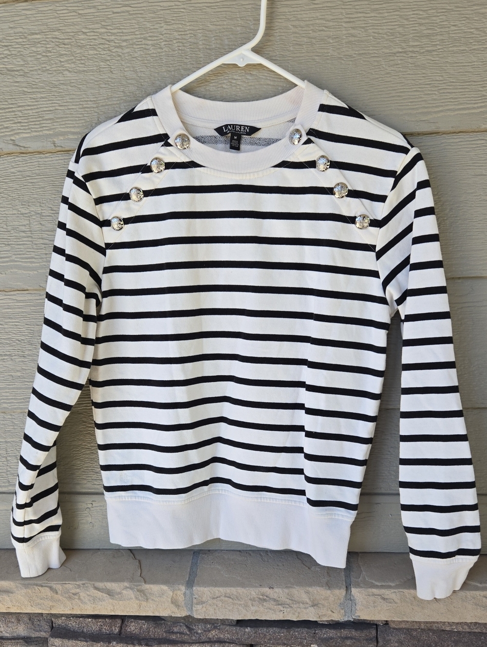 Lauren Ralph Lauren Black & White Striped Button-Shoulder Sweater